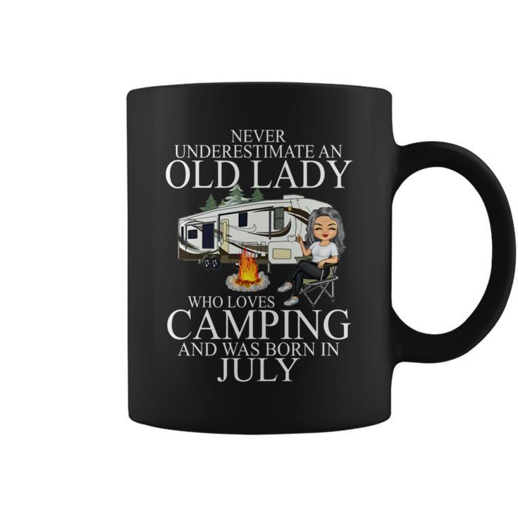 Never Underestimate An Old Lady Who Loves Camping July Coffee Mug