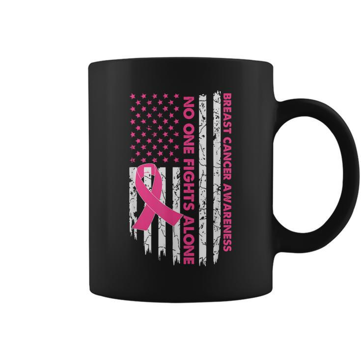 No One Fights Breast Cancer Alone American Flag Pink Ribbon Coffee Mug