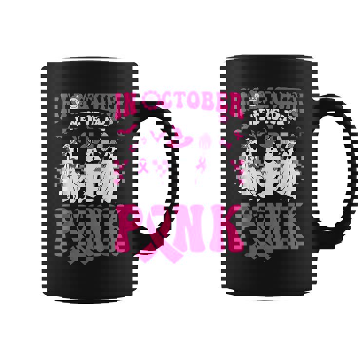In October We Wear Pink Cute Ghost Breast Cancer Halloween Coffee Mug