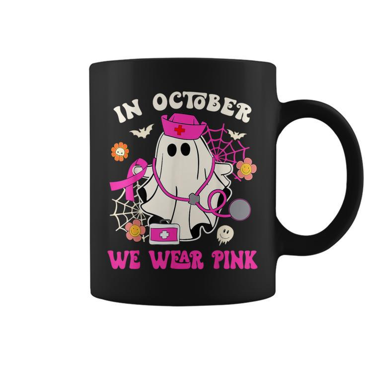 In October We Wear Pink Ghost Nurse Breast Cancer Halloween Coffee Mug
