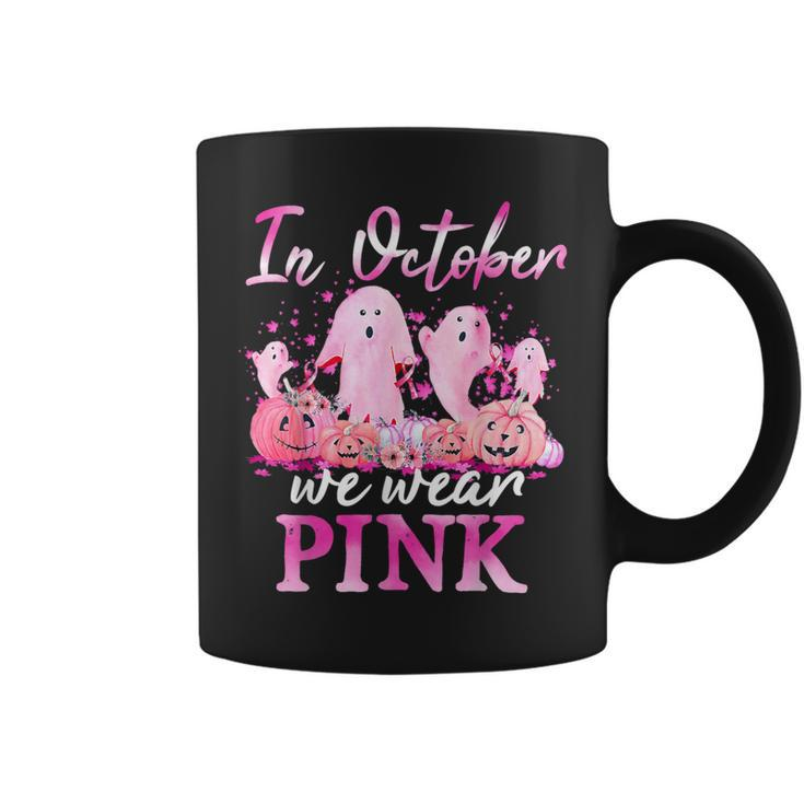 In October We Wear Pink Ghost Pumpkin Breast Cancer Warrior Coffee Mug