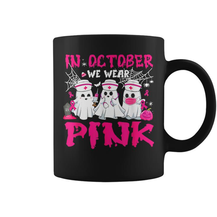In October We Wear Pink Nurse Ghost Halloween Breast Cancer Coffee Mug