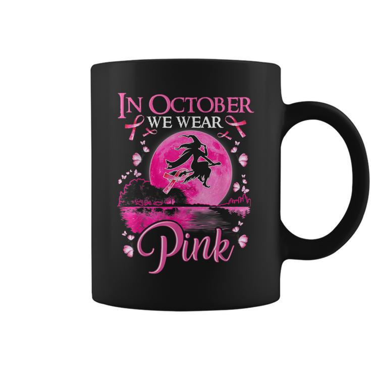 In October We Wear Pink Witch Ribbon Breast Cancer Halloween Coffee Mug