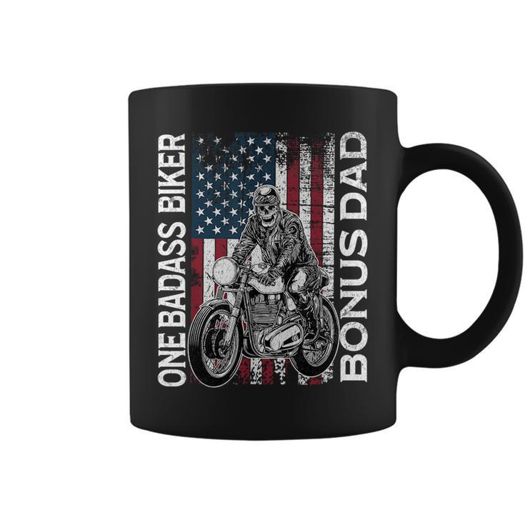 One Badass Biker Bonus Dad Grunge American Flag Skeleton  Funny Gifts For Dad Coffee Mug