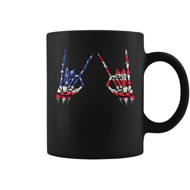 Patriotic Usa Flag Skeleton Rock On Devil Horns 4Th Of July  Patriotic Funny Gifts Coffee Mug