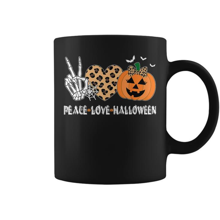 Peace Love Halloween Scary Pumpkin Leopard Skeleton Coffee Mug
