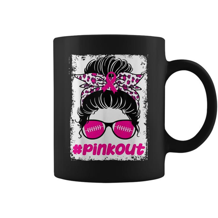Pink Out Ou Breast Cancer Football Messy Bun Cheer Bleached Coffee Mug