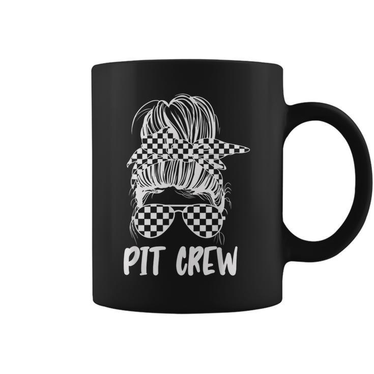 Pit Crew Messy Bun Race Track Flag Car Racing Womens Racing Funny Gifts Coffee Mug