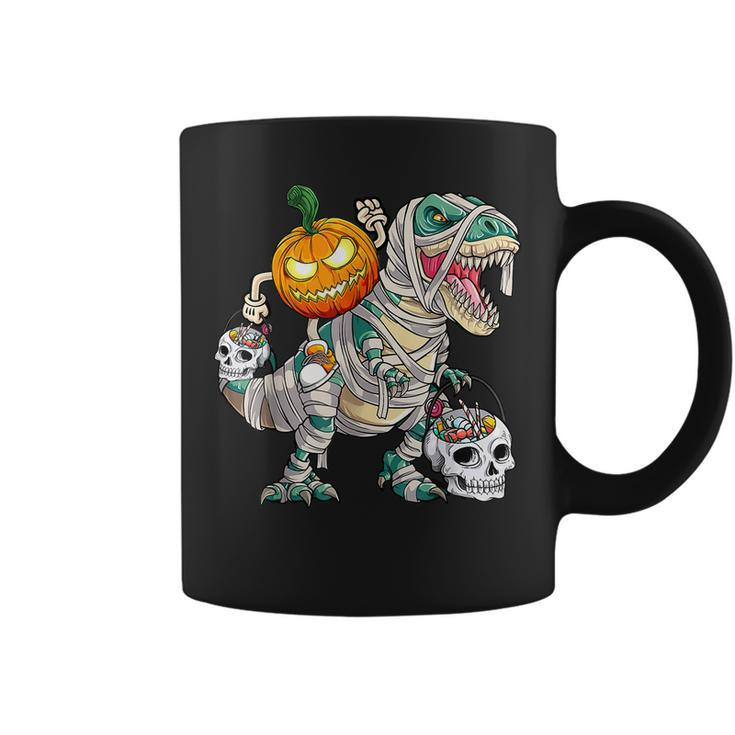 Pumpkin Riding Mummy Dinosaur T Rex Halloween Skeleton Coffee Mug