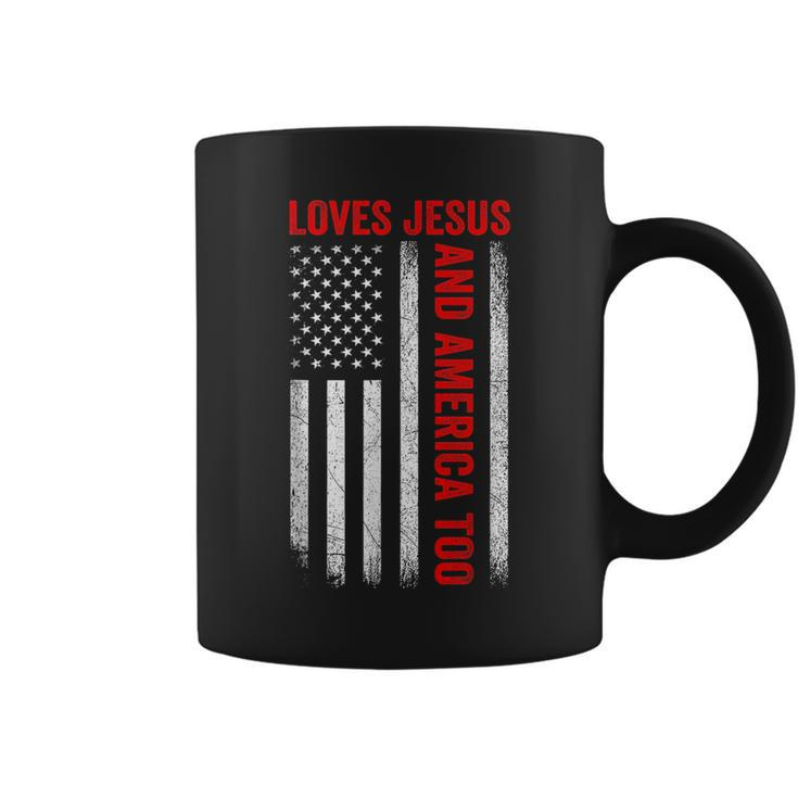 Retro Loves Jesus And America Too American Flag 4Th Of July  Coffee Mug