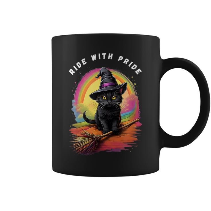 Ride With Pride Queer Witchy Lgbt Rainbow Cat Meme Halloween Coffee Mug