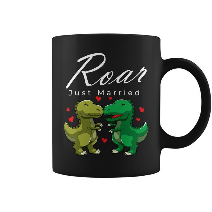 Roar Just Married Kissing Trex Valentines Day Honeymoon Coffee Mug