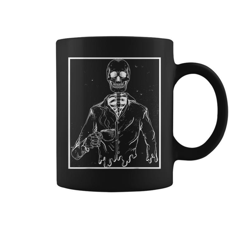 Skeleton Vintage Picture With Smiling Skull Drinking Coffee Coffee Mug