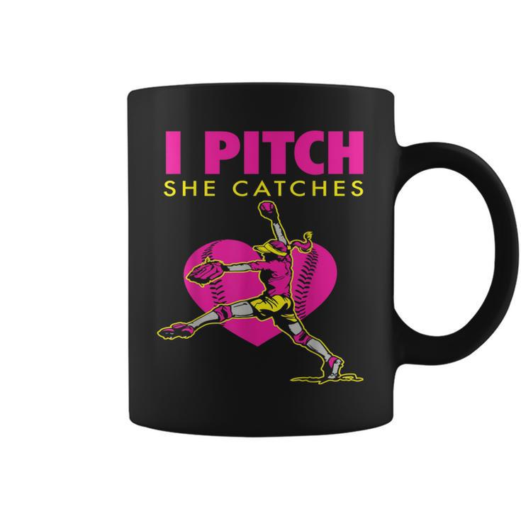 Softball Parent Fan I Pitch She Catches Coffee Mug