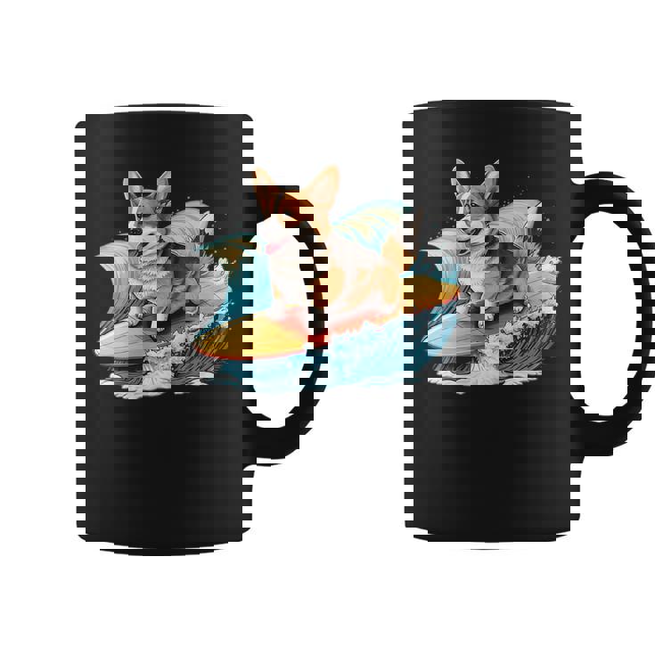 Surfing Corgi On A Surfboard On A Wave Surf Beach Coffee Mug