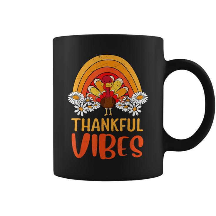 Thankful Vibes Turkey Retro Groovy Thanksgiving Rainbow Coffee Mug
