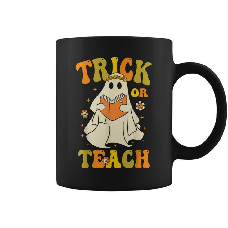 Trick Or Teach Groovy Halloween Retro Floral Ghost Teacher Coffee Mug
