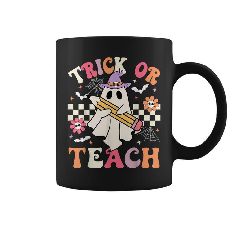 Trick Or Teach Groovy Teacher Halloween Retro Floral Ghost Coffee Mug