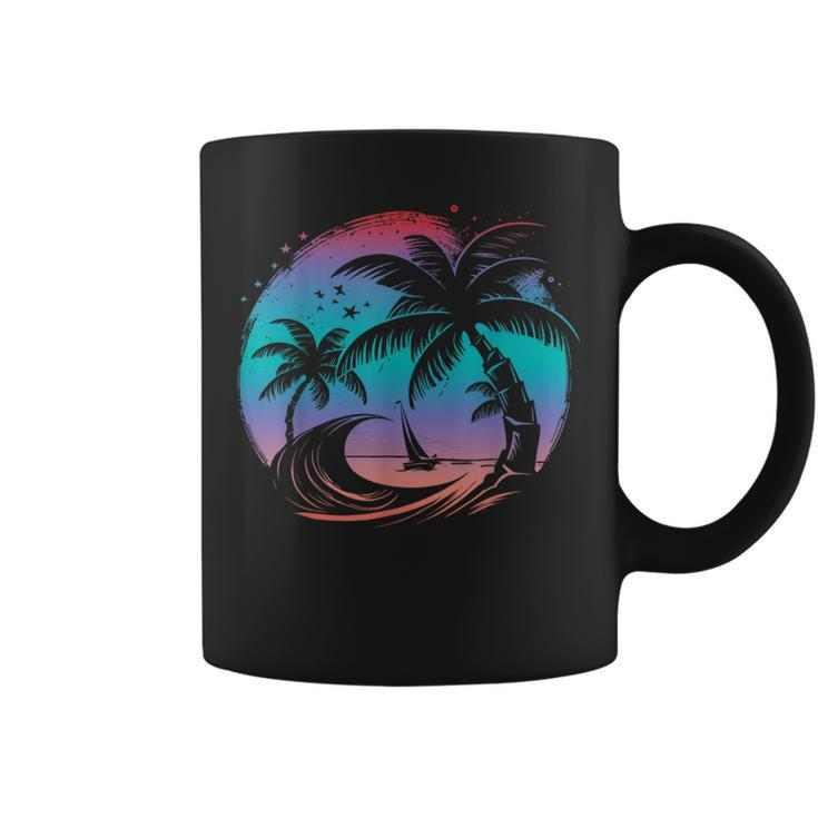 Tropical Palm Trees With Sailboat Beach Island Sunset  Coffee Mug