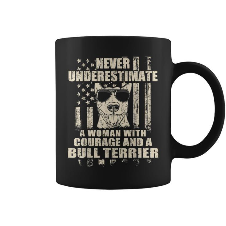 Never Underestimate Woman And A Bull Terrier Usa Flag Coffee Mug