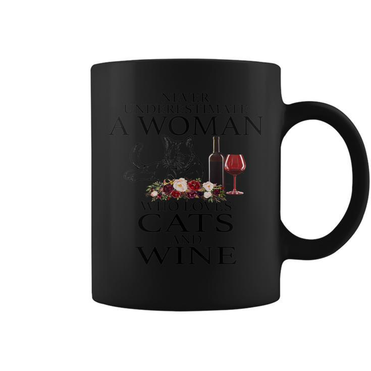 Never Underestimate A Woman Who Loves Cats And Wine Coffee Mug
