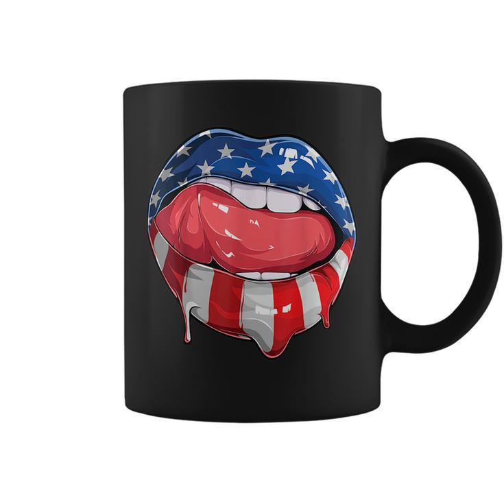 Usa Flag Dripping Lips 4Th Of July Patriotic American  Coffee Mug