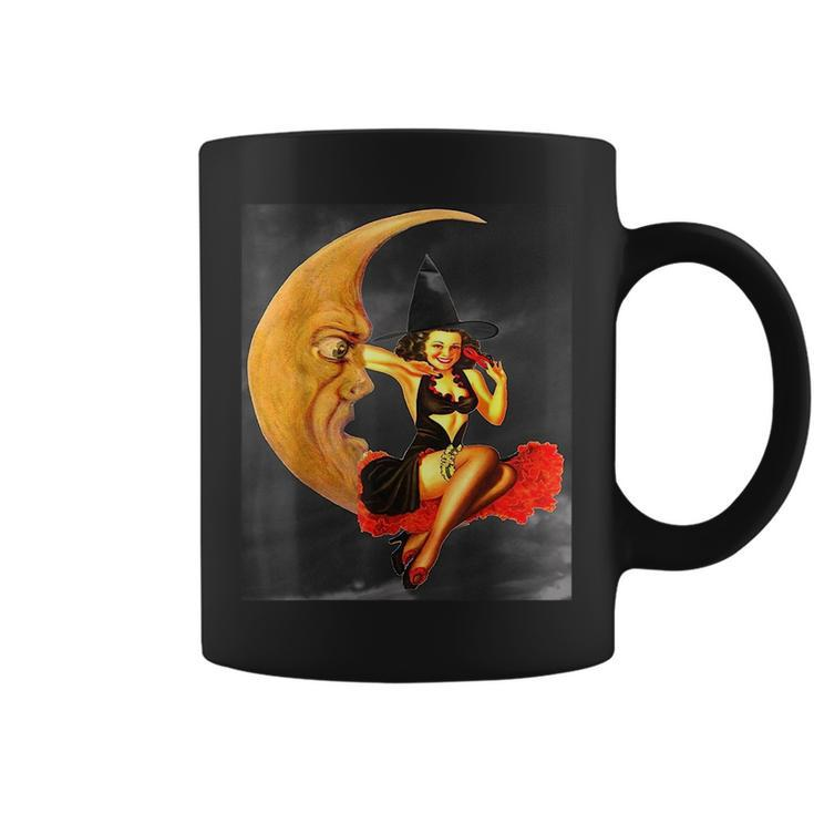 Vintage Pin Up Girl Witch On Moon Halloween Moon Funny Gifts Coffee Mug