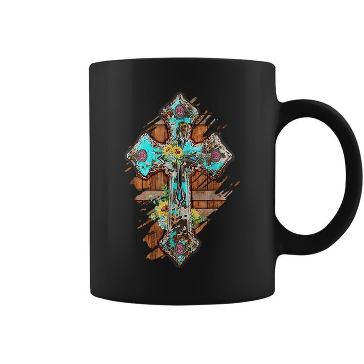 Western Boho Christian Turquoise Leopard Faith Cross Jesus  Faith Funny Gifts Coffee Mug