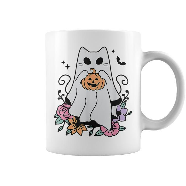 Cat Ghosts Boo Halloween Retro Pumpkin Floral Flowers Coffee Mug