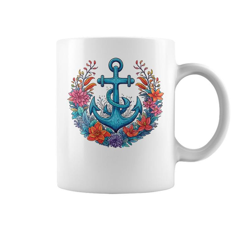 Colorful Flowers Designs Floral Nautical Sailing Boat Anchor  Coffee Mug