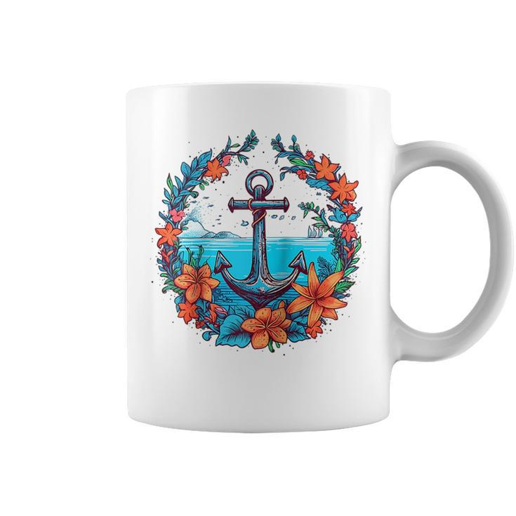 Colorful Flowers Pattern Floral Nautical Sailing Boat Anchor  Coffee Mug