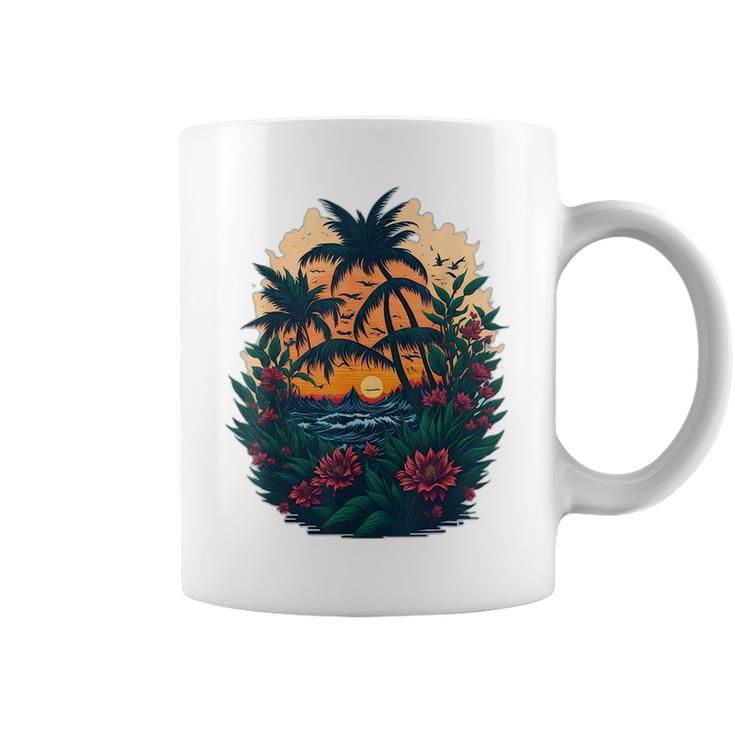 Cute Mountain Sunset Palm Trees Ocean Graphic  Coffee Mug