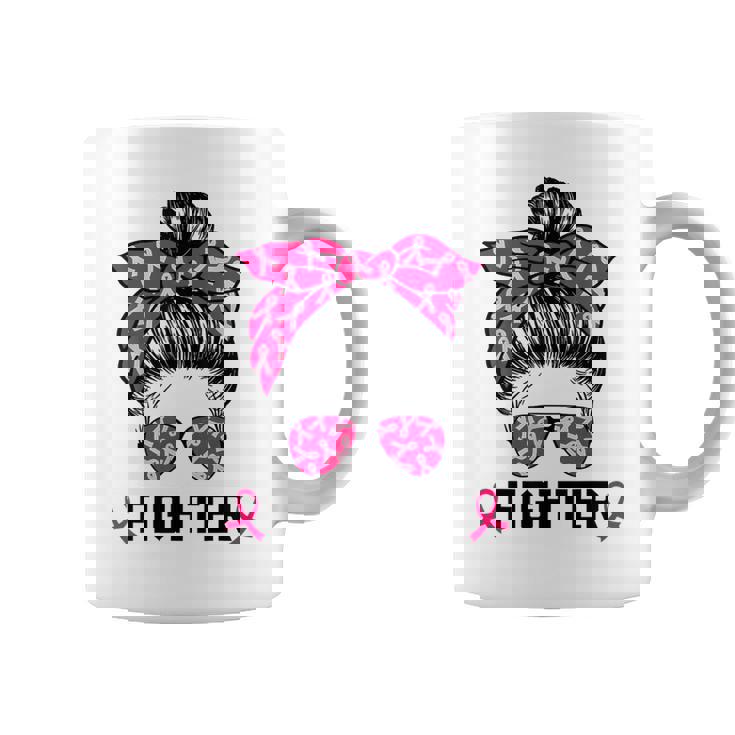 Fighter Messy Bun Breast Cancer Awareness Pink Warrior Coffee Mug