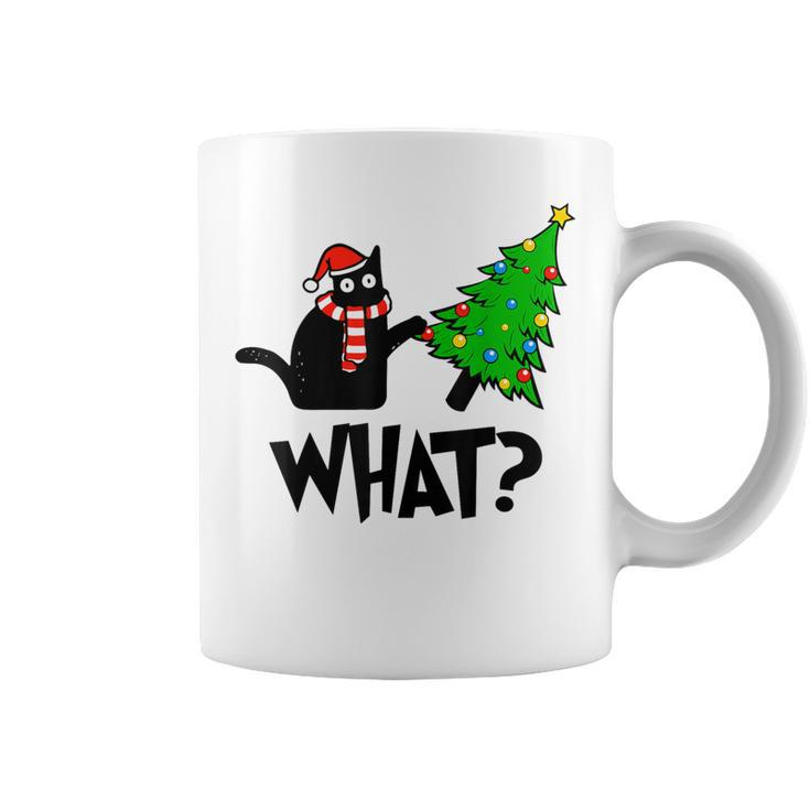 Black Cat Pushing Christmas Tree Over Cat What Coffee Mug