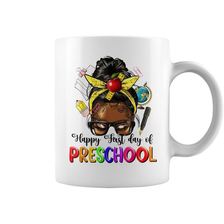 Happy First Day Of Preschool Afro Teacher Pre-K Messy Bun Coffee Mug