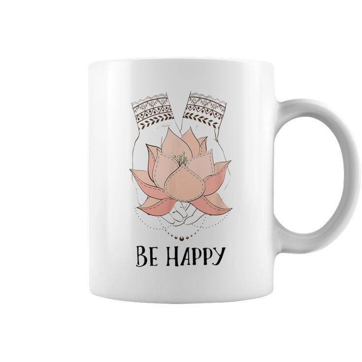 Be Happy Zen Hands With Lotus Flower Mandala Meditation Coffee Mug