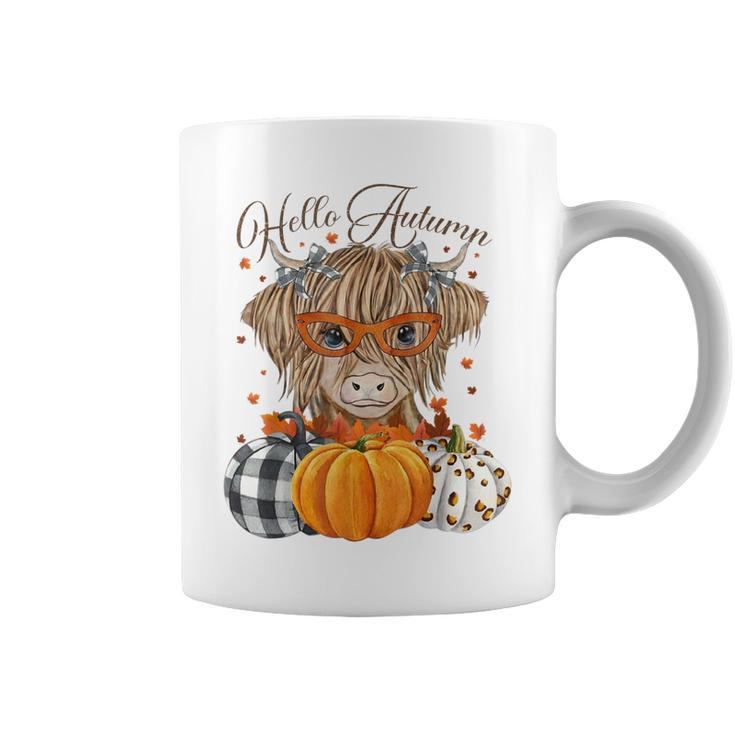 Hello Autumn Fall Highland Cow Pumpkins Thanks Giving  Coffee Mug