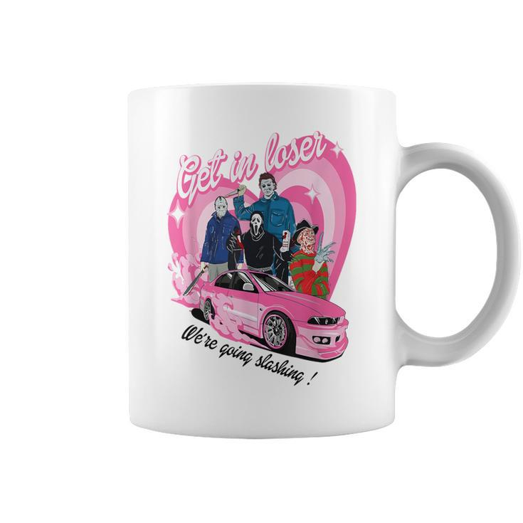 Get In Loser We're Going Slashing Pink Car Horror Character Coffee Mug