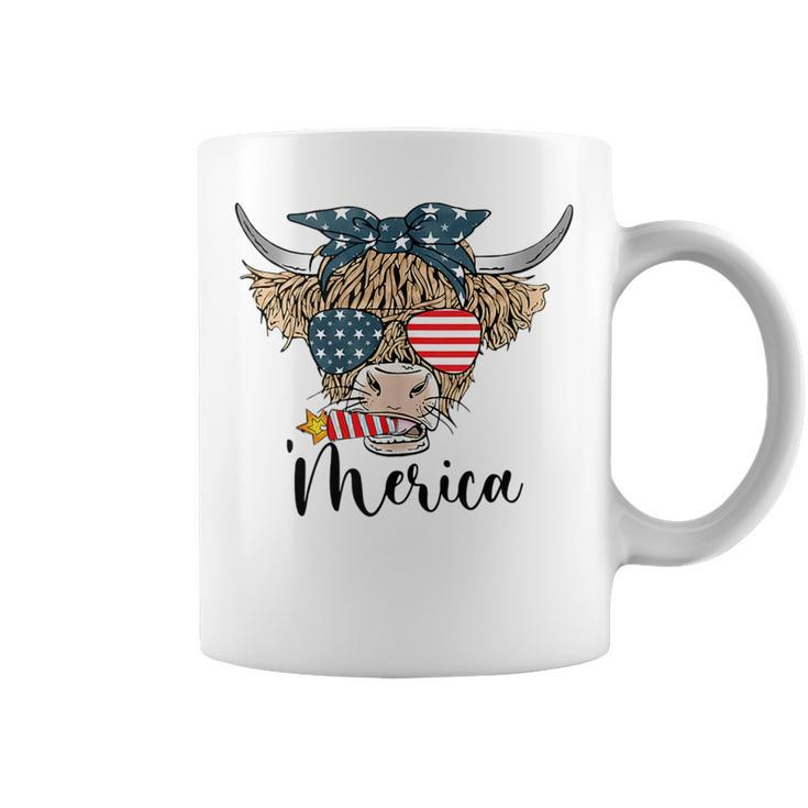 Merica Cow Cute Highland Cow With Bandana Usa Fourth Of July Coffee Mug