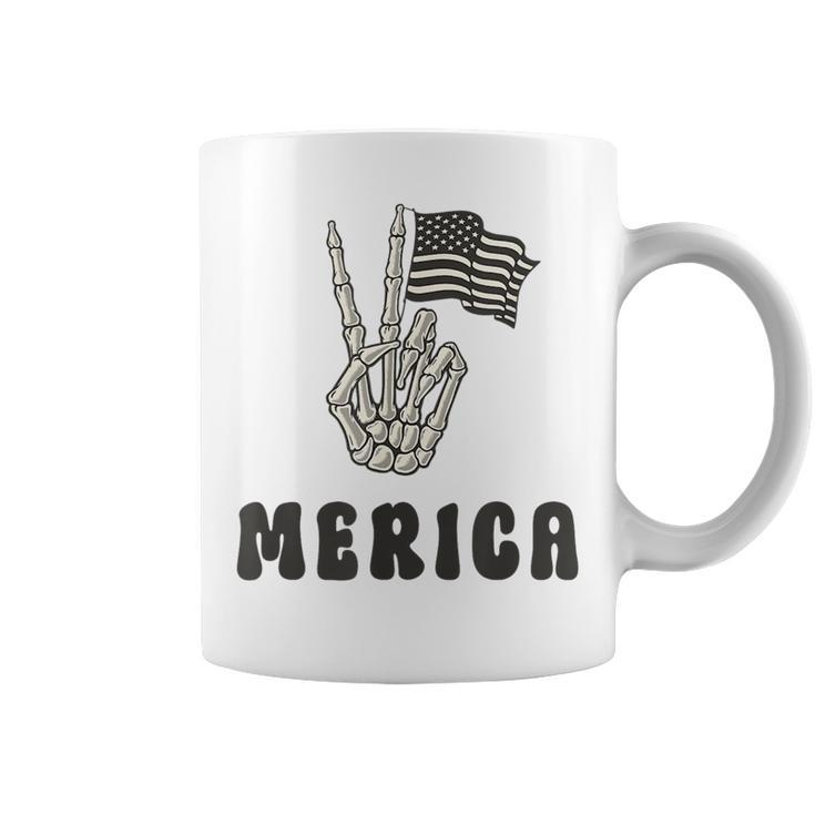 Merica Peace Sign 4Th Of July American Flag Skeleton Hand  Coffee Mug