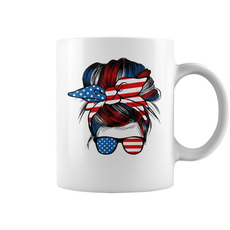Messy Bun American Flag Glasses 4Th Of July Patriotic Mom  Coffee Mug