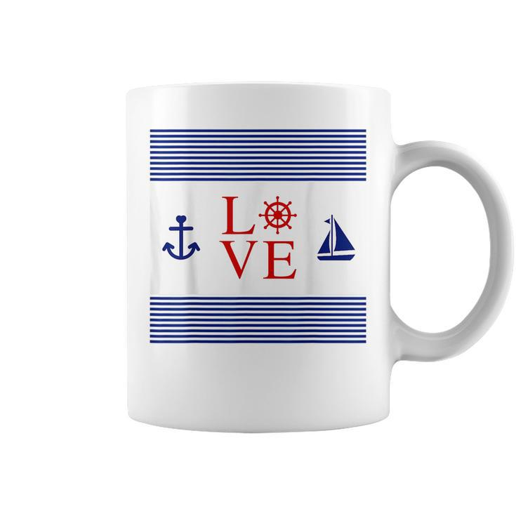 Nautical Love With Anchor Wheel Sailboat   Coffee Mug