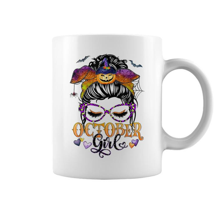 October Girl Halloween Messy Bun Lady Hair Glasses Leopard Coffee Mug