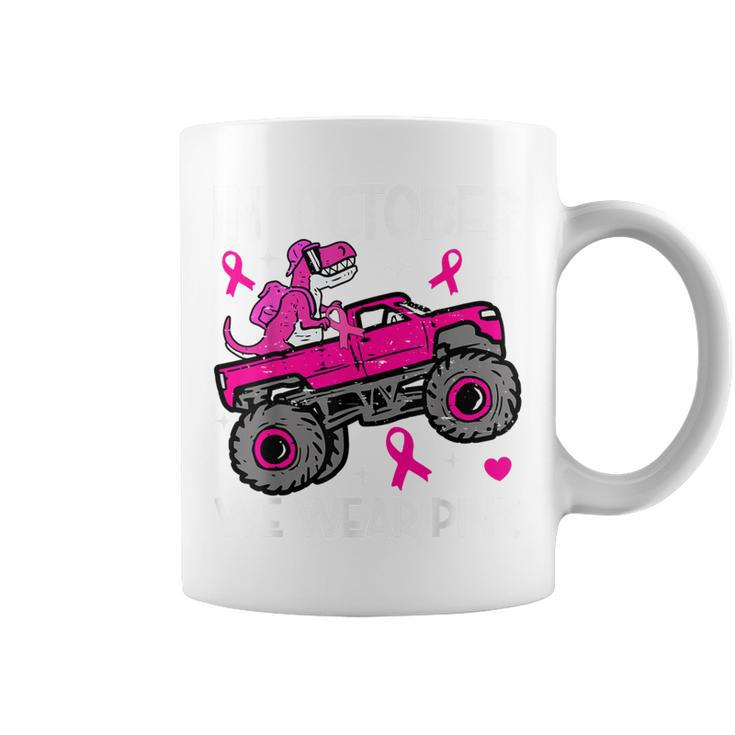 In October Wear Pink Breast Cancer Awareness Dinosaur Truck Coffee Mug