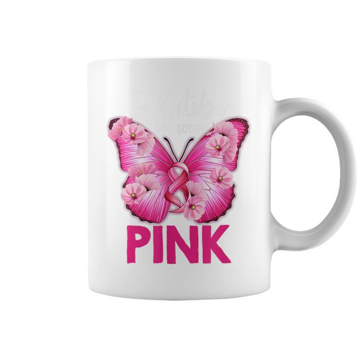 In October We Wear Pink Butterfly Breast Cancer Awareness Coffee Mug