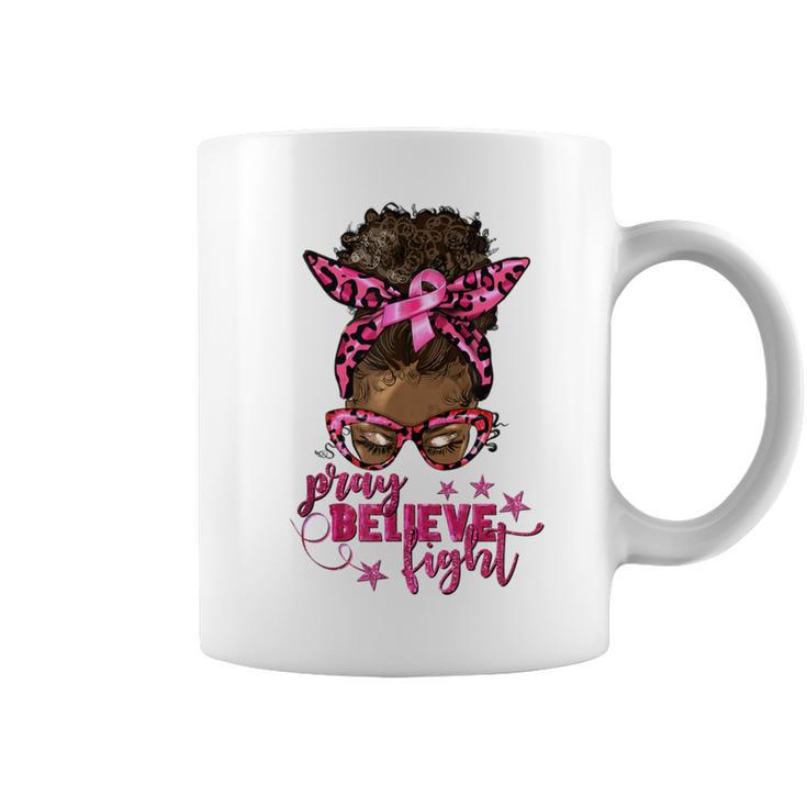 Pray Believe Fight Breast Cancer Afro Messy Bun Coffee Mug