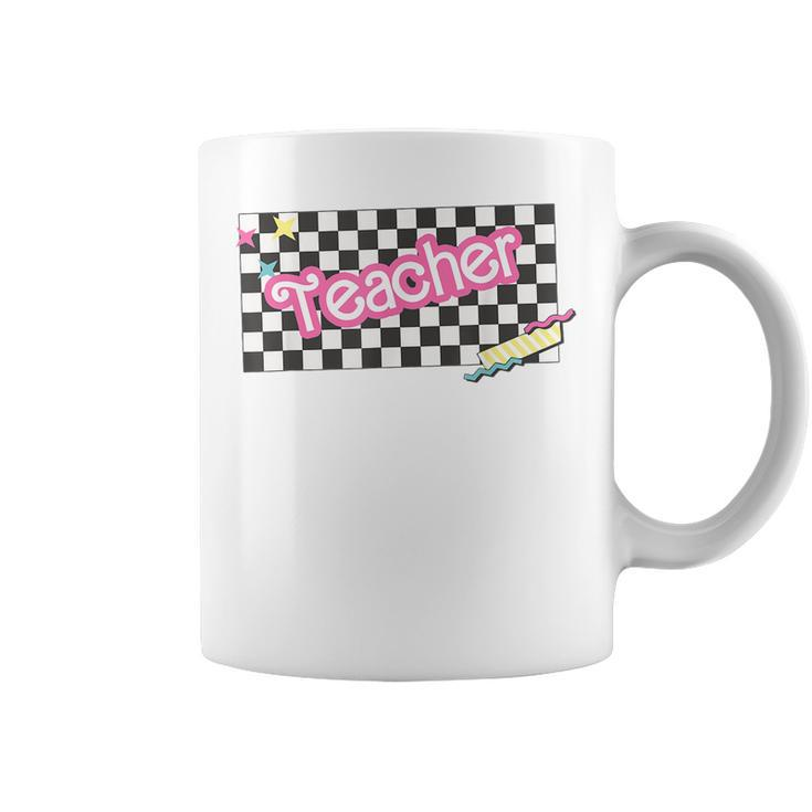 Retro Checkered Pink 90S Teacher Student First Day Of School Coffee Mug
