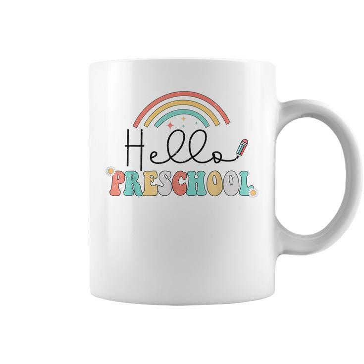 Retro First Day Of School Hello Preschool Teacher Rainbow Gifts For Teacher Funny Gifts Coffee Mug