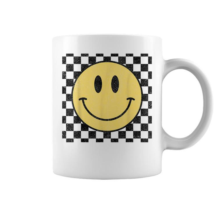 Retro Happy Face Distressed Checkered Pattern Smile Face Coffee Mug