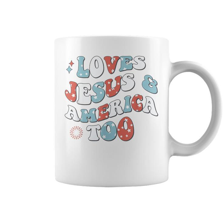 Retro Loves Jesus And America Too 4Th Of July Jesus Usa Flag  Usa Funny Gifts Coffee Mug